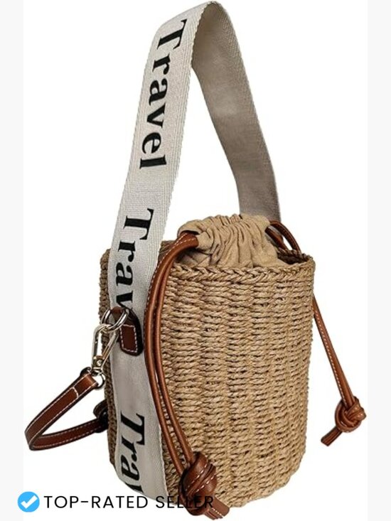 Handbags - Straw Rattan Woven Bucket Tote Bag Crossbody Drawstring Beach Handbag